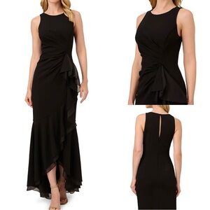 Adrina Papell Crew Neck Sleeveless Casca Elegant Black Ruffle-Front Maxi Dress